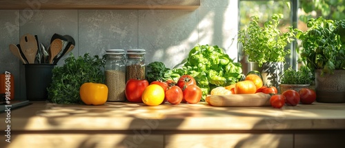 Fototapeta Naklejka Na Ścianę i Meble -  Vibrant Fresh Organic Produce Displayed on a Spotless Kitchen Counter