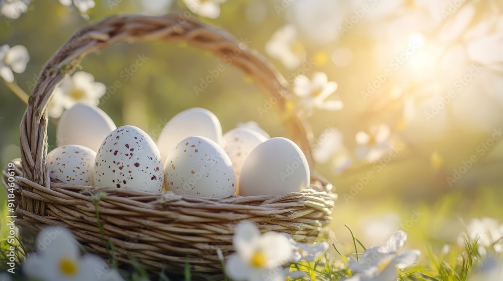 Vibrant easter eggs in white basket against colorful background for festive easter celebration