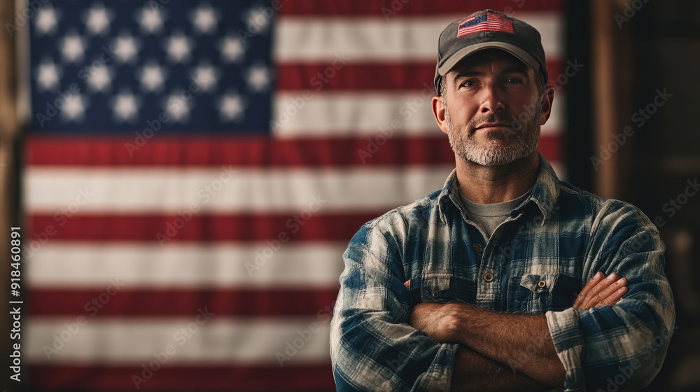 A proud worker standing tall with the American flag behind him, symbolizing the connection between labor and national pride. A proud worker standing tall with the American flag behind him, symbolizing the connection between labor and national pride.