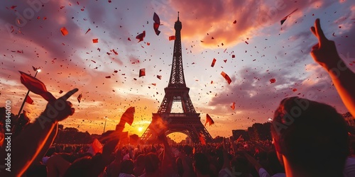 Crowd of supporters at a sports event at the Eiffel tower, Excited sports spectators holding French flags photo