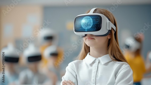 School student uses VR to learn AI, futuristic classroom, Generative AI, educational technology, immersive learning with smart tech