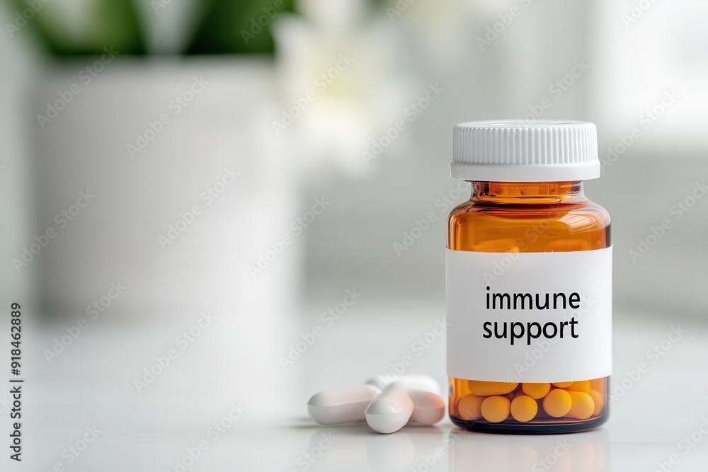 A close-up of an amber bottle labeled 'immune support' with pills, highlighting health and wellness concepts. A close-up of an amber bottle labeled 'immune support' with pills, highlighting health and wellness concepts.