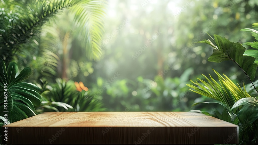 A wooden podium in the midst of a tropical garden, with the vibrant green foliage providing a soft, blurred backdrop. A wooden podium in the midst of a tropical garden, with the vibrant green foliage providing a soft, blurred backdrop.