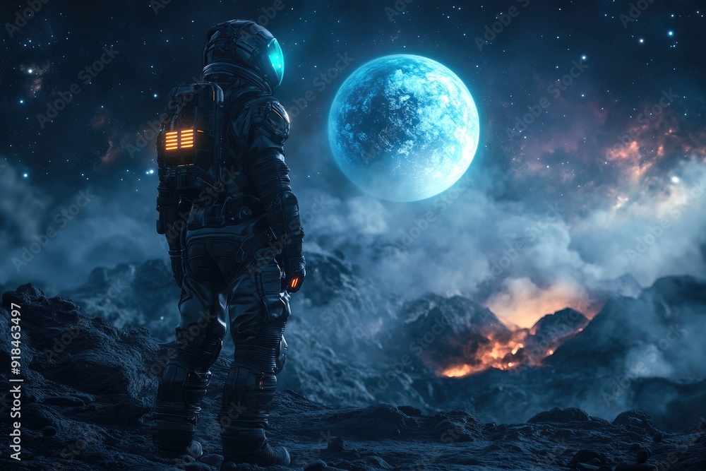 A man in a spacesuit stands on a rocky surface looking up at a large blue planet A man in a spacesuit stands on a rocky surface looking up at a large blue planet