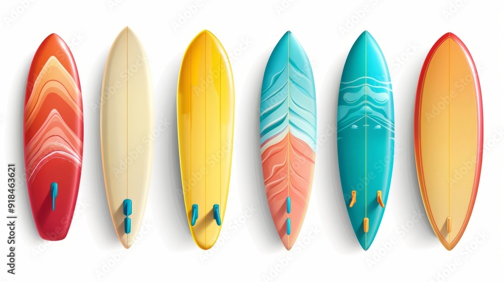 Summer surfboard elements vector set design. Summer surfboard 3d realistic element colorful collection for water sport activity isolated in white background. Vector illustration summer beach Summer surfboard elements vector set design. Summer surfboard 3d realistic element colorful collection for water sport activity isolated in white background. Vector illustration summer beach
