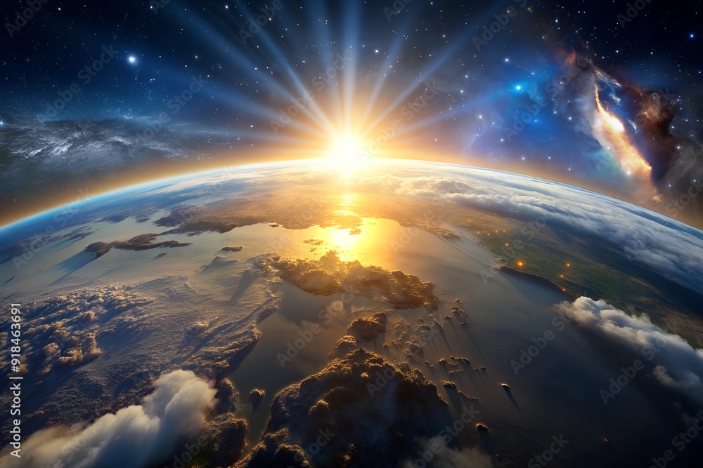 Fototapeta premium A breathtaking view of Earth from space, with the sun rising over the horizon, casting a warm glow on the planet and highlighting its beauty against a backdrop of stars and galaxies