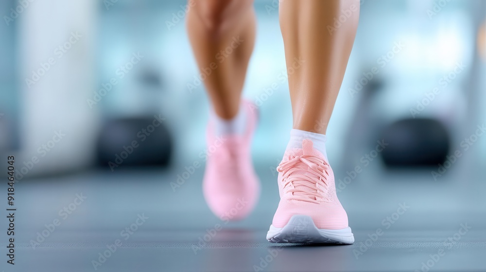 Close-up of a runner's legs in pink sports shoes, showcasing athleticism and determination in a modern gym environment. Close-up of a runner's legs in pink sports shoes, showcasing athleticism and determination in a modern gym environment.