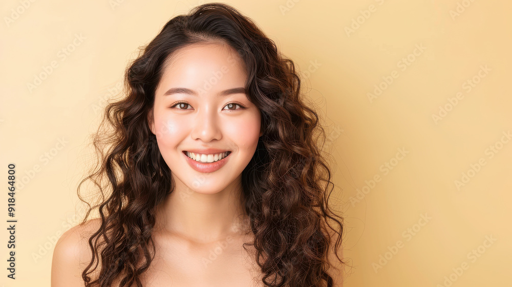 A cheerful young asian woman with curly hair smiles against a warm yellow background, radiating positivity and confidence. A cheerful young asian woman with curly hair smiles against a warm yellow background, radiating positivity and confidence.