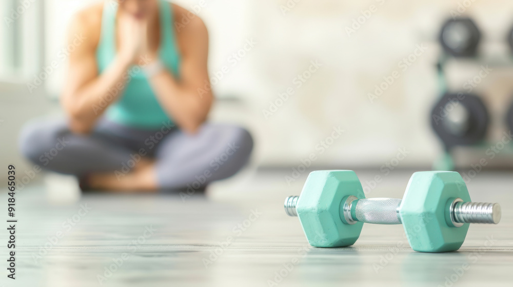 A pastel green dumbbell on floor, blurred background of woman in sportwear feeling down. A pastel green dumbbell on floor, blurred background of woman in sportwear feeling down.