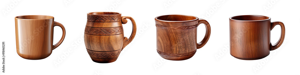 Collection of wooden cups with handle isolated on transparent background