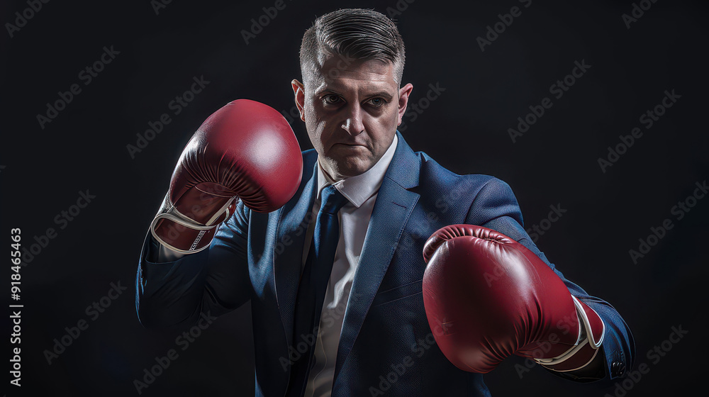 Businessman in a suit and red boxing gloves ready to fight in a dark background, symbolizing power and determination. Businessman in a suit and red boxing gloves ready to fight in a dark background, symbolizing power and determination.