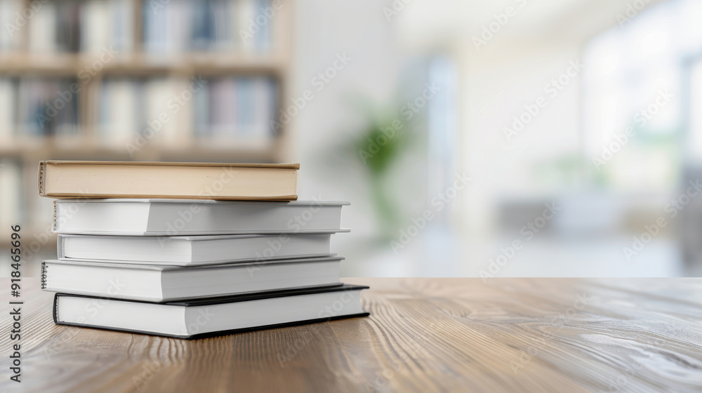 Stack of white books on a wooden table in a bright, modern library setting, perfect for education or literary themes. Stack of white books on a wooden table in a bright, modern library setting, perfect for education or literary themes.