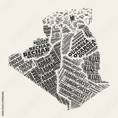 Algeria Word Cloud. Country with regional division. Algeria typographic text clouds vector image design in vintage gazette style. Elegant vector illustration.