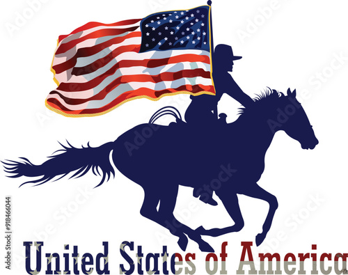 Rider riding on horse in rodeo wild west with USA flag