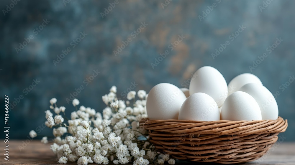 Vivid white easter eggs in basket against colorful background, festive spring theme Vivid white easter eggs in basket against colorful background, festive spring theme