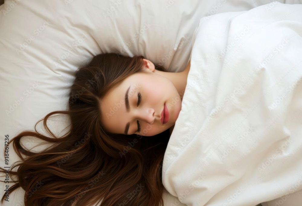 A young Caucasian woman with long brown hair sleeping peacefully on a white pillow A young Caucasian woman with long brown hair sleeping peacefully on a white pillow
