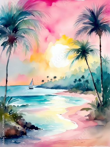 Sunset over a tropical beach with palm trees and a boat on calm waters, creating a serene and idyllic scene.  Watercolor painting