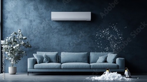 This image showcases a modern and stylish living room featuring a blue sofa, a wall-mounted air conditioner, and a pair of penguins standing on the floor. photo