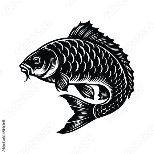 River fish silhouette vector illustration. cooking fish black and white animal.
