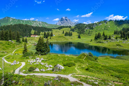 Körbersee on the Hochtannberg, State of Vorarlberg, Austria, View to the Widderstein Mountain