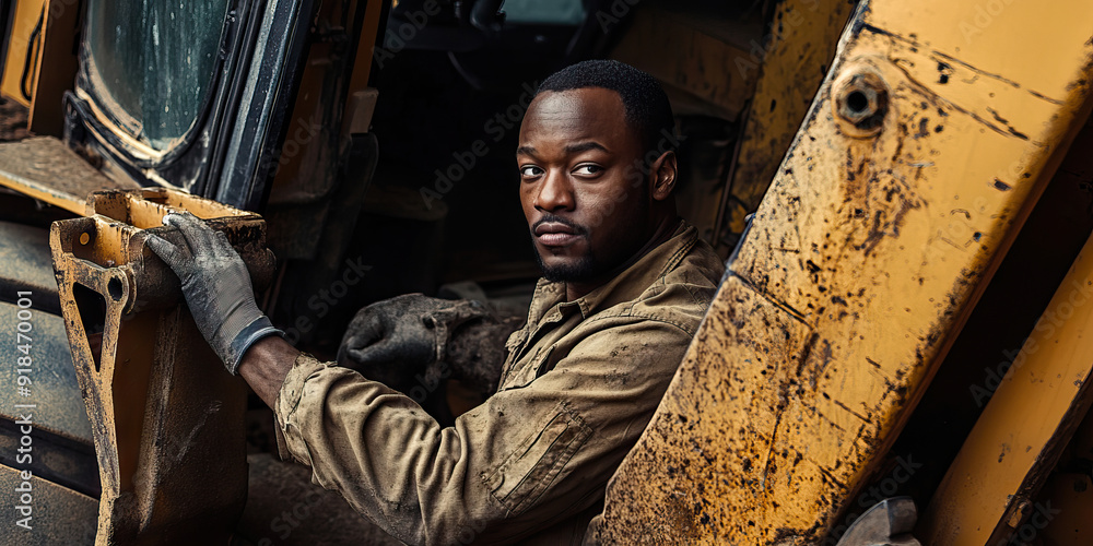 Hardworking African American man operating heavy machinery. Hardworking African American man operating heavy machinery.
