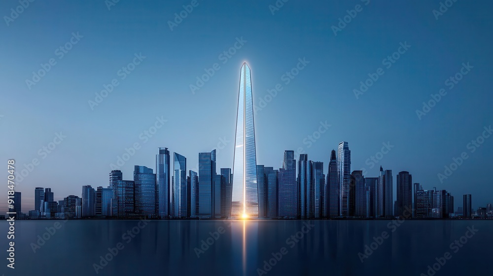 Fototapeta premium A city skyline with one building glowing brightly, symbolizing a standout innovative idea in an urban landscape, brimming with potential