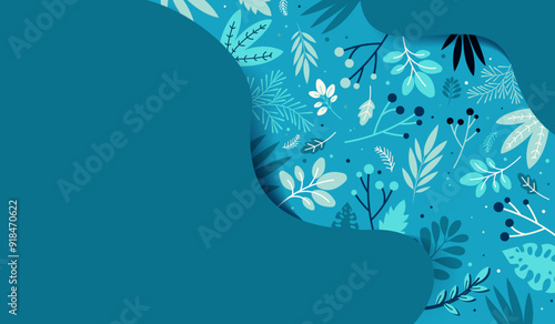 Arrière-plan bleu - Motifs de fleurs et feuilles abstraites - Ambiance bleue - Papier-peint décoratif ornemental - Illustration de nature et éléments végétaux divers - Effet d'ombrage