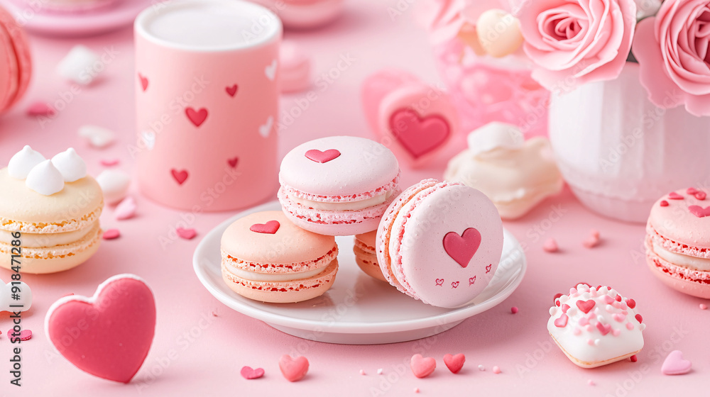 A plate of pink and white macarons with hearts on them is set on a pink tablecloth. A plate of pink and white macarons with hearts on them is set on a pink tablecloth.