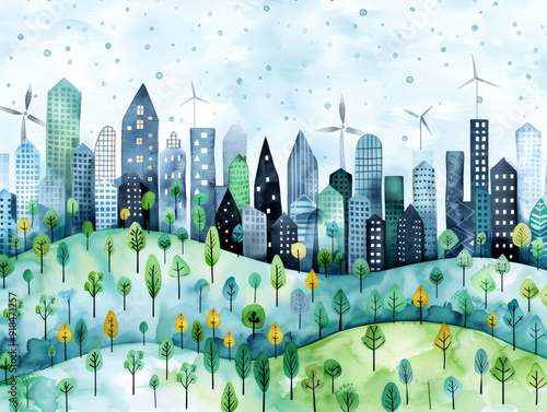 A vibrant watercolor illustration of a sustainable city landscape with green hills, wind turbines, and towering buildings set against a blue sky