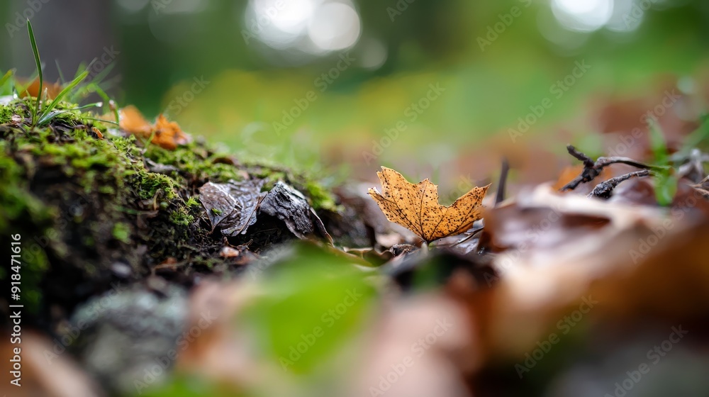 A tight shot of a leaf on a mossy texture, surrounded by trees with an out-of-focus background A tight shot of a leaf on a mossy texture, surrounded by trees with an out-of-focus background