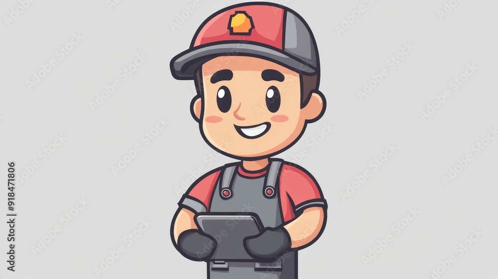 Smiling Cartoon Mechanic Holding a Tablet Smiling Cartoon Mechanic Holding a Tablet