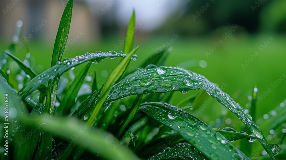 Close-up of green grass with dewdrops on blades, house in distance Close-up of green grass with dewdrops on blades, house in distance