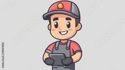 Smiling Cartoon Mechanic Holding a Tablet