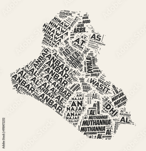 Iraq Word Cloud. Country with regions division. Iraq typographic text clouds vector image design. Vintage gazette style country shape image. Elegant vector illustration.