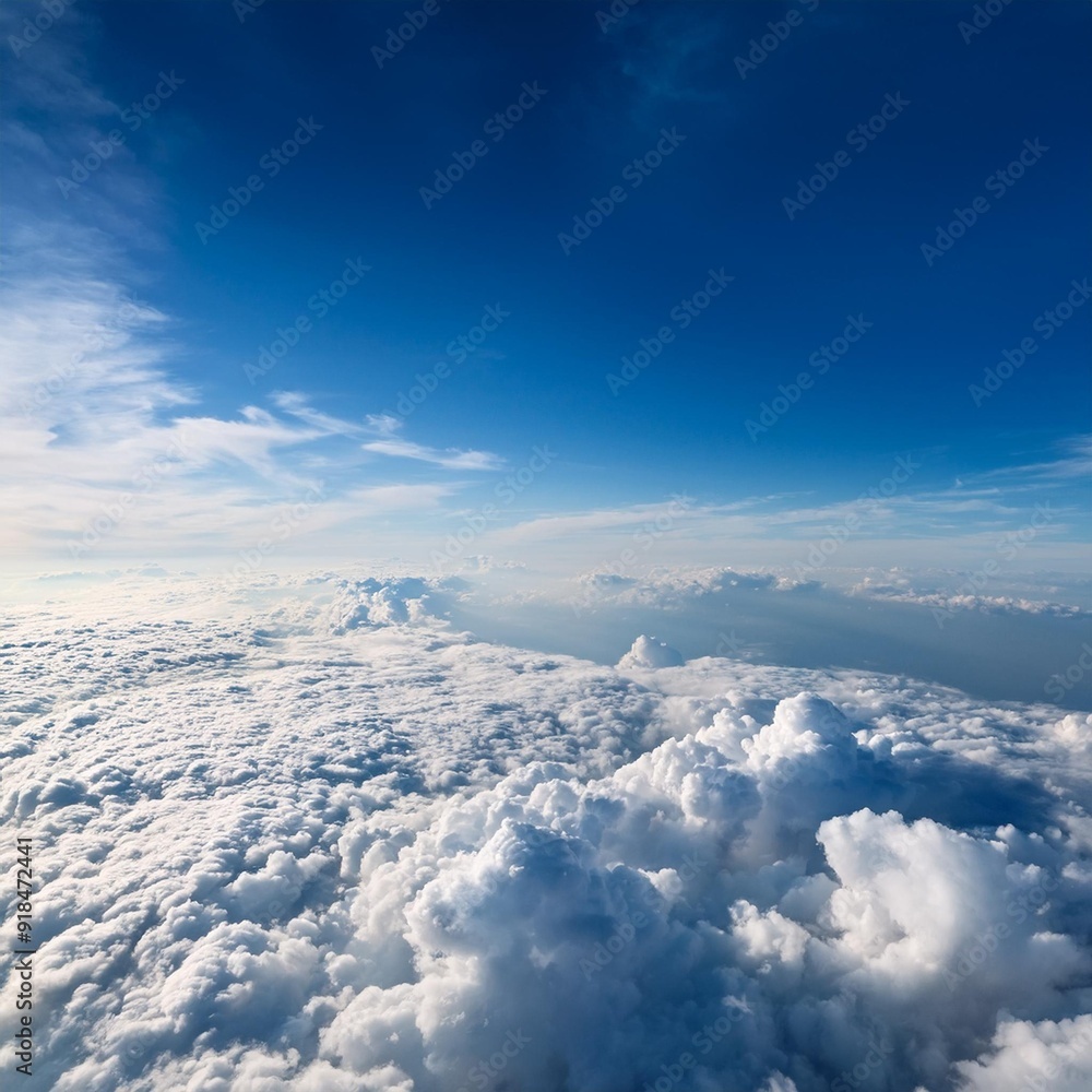Fototapeta premium Sun rays shinning in the blue sky with layer of clouds viewed from above.