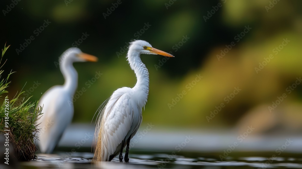 Two pristine white birds stand side by side atop a serene body of water The tranquil scene is framed by a verdant green forest in the background Two pristine white birds stand side by side atop a serene body of water The tranquil scene is framed by a verdant green forest in the background