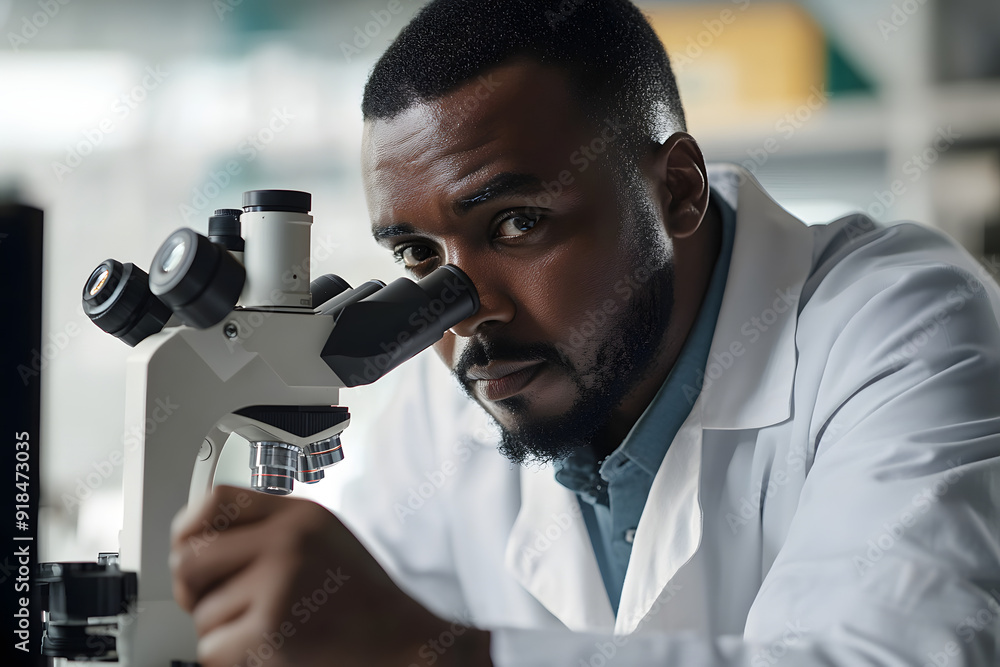 Healthcare, microscope and science with man in lab for medical or ...
