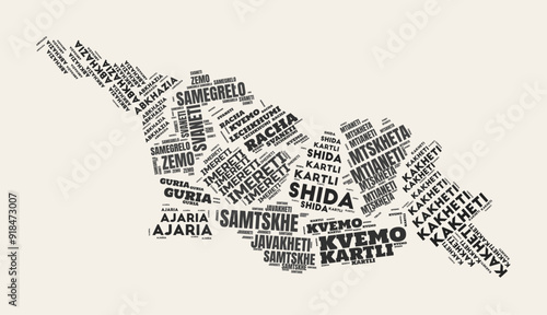 Georgia Word Cloud. Country with regional divisions. Georgia typographic text clouds vector image design. Vintage gazette style country shape image. Vibrant vector illustration.