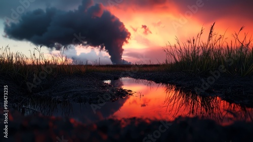  A substantial smoke plume rising from a pipe against the backdrop of a water body and grassy foreground