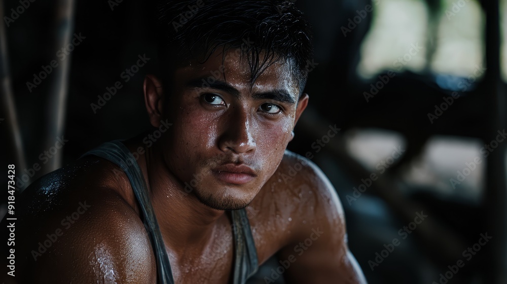 A tight shot of a man, bare-chested, with water droplets cascading down his face One hand cradles his chest, while the other rests on his A tight shot of a man, bare-chested, with water droplets cascading down his face One hand cradles his chest, while the other rests on his