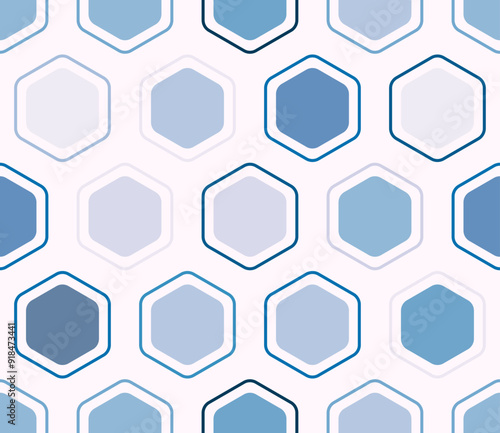 Geometric template background. Rounded hexagons mosaic cells with padding and inner solid cells. Large hexagons. Multiple tones color palette. Seamless pattern. Tileable vector illustration.