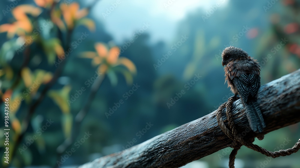 A bird perched on a tree branch against a hazy backdrop of leaves and water A bird perched on a tree branch against a hazy backdrop of leaves and water