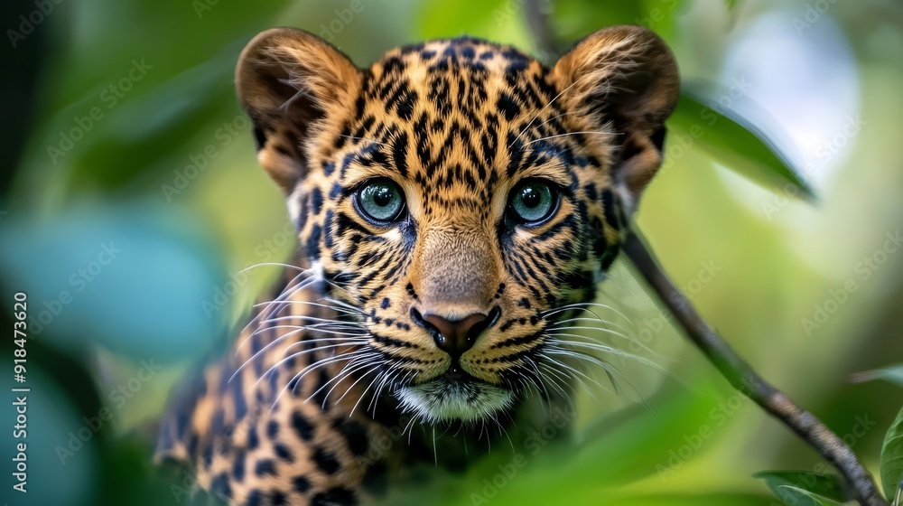 A tight shot of a leopard's face perched on a tree branch, surrounded by green foliage in the foreground A tight shot of a leopard's face perched on a tree branch, surrounded by green foliage in the foreground