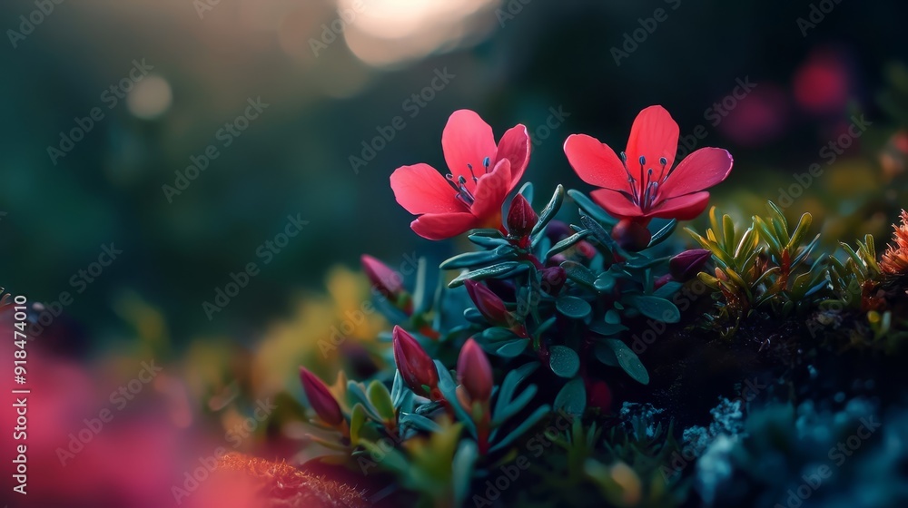 A patch of green grass supports a cluster of red flowers in a lush green field A patch of green grass supports a cluster of red flowers in a lush green field