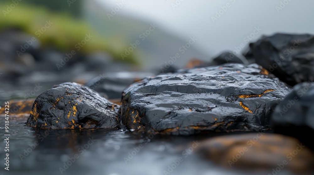 A close-up of rocks in a body of water A green hill in the distance lies in the background A close-up of rocks in a body of water A green hill in the distance lies in the background