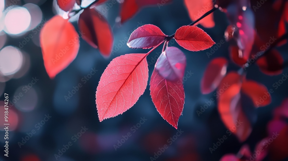 A tight shot of a red leaf on a branch against a backdrop of softly blurred lights A tight shot of a red leaf on a branch against a backdrop of softly blurred lights