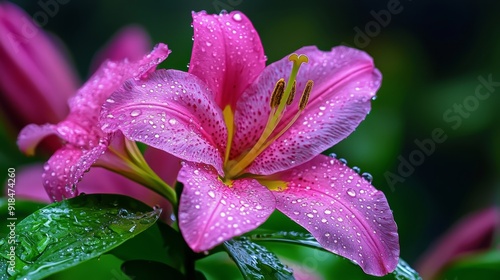  A tight shot of a pink blossom adorned with water beads on its petals, against a backdrop of verdant foliage