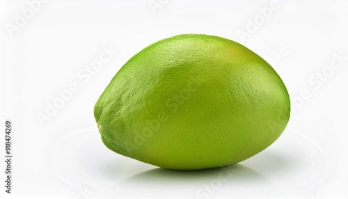 Zesty Green Lime on White: A single, vibrant green lime sits on a white background, its textured skin and refreshing color ready to brighten any drink or dish.  photo