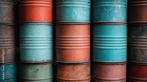 This image showcases three rows of rusty barrels in alternating colors, emphasizing the grunge and industrial aesthetic with a mix of red and turquoise barrels.