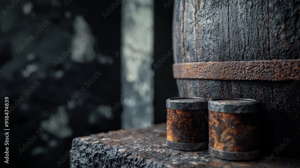Two jars atop a wooden board, adjacent to a barrel of wine elevated on a table Two jars atop a wooden board, adjacent to a barrel of wine elevated on a table